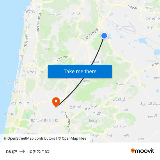 יקנעם to כפר גליקסון map