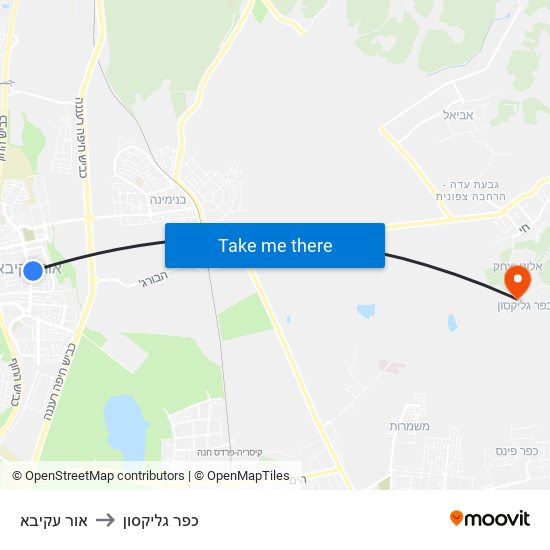 אור עקיבא to כפר גליקסון map