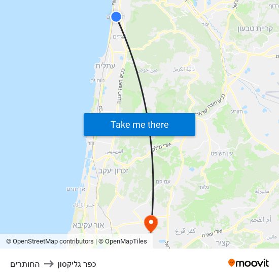 החותרים to כפר גליקסון map