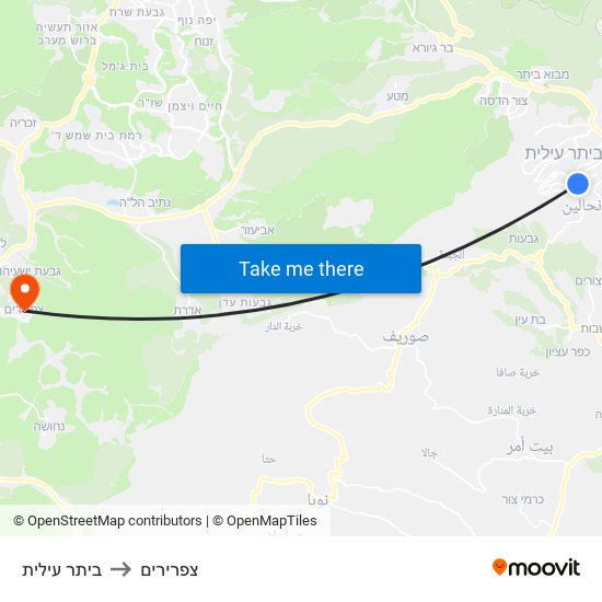 ביתר עילית to צפרירים map