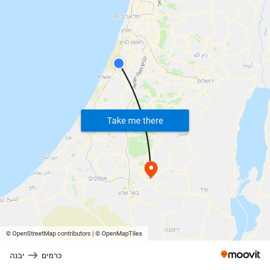 יבנה to כרמים map