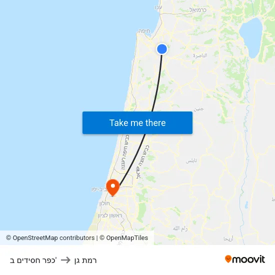 כפר חסידים ב' to רמת גן map