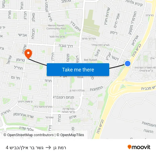 גשר בר אילן/כביש 4 to רמת גן map