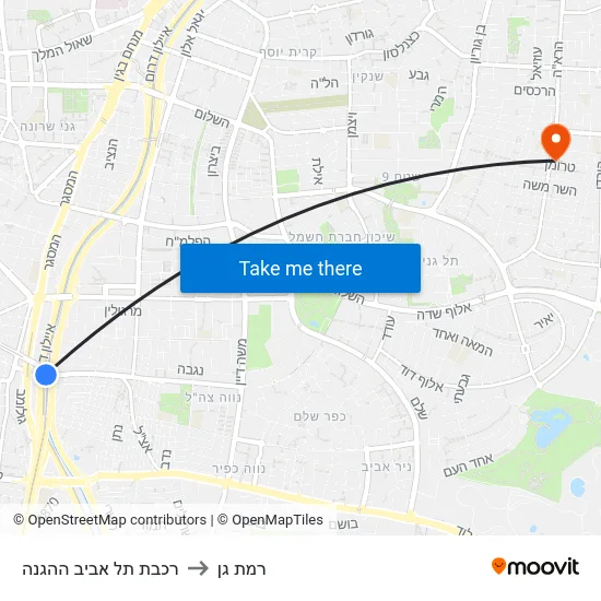 רכבת תל אביב ההגנה to רמת גן map