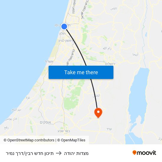 תיכון חדש רבין/דרך נמיר to מצדות יהודה map