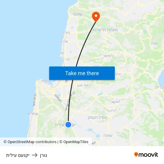 יקנעם עילית to גורן map