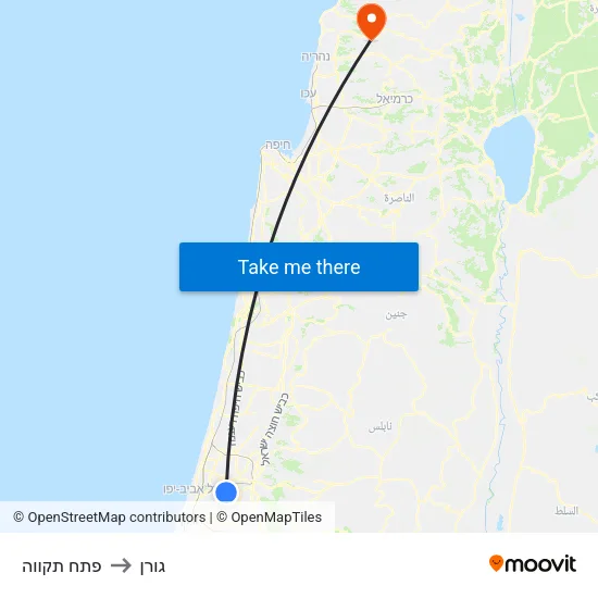 פתח תקווה to גורן map