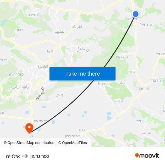 אילנייה to כפר גדעון map