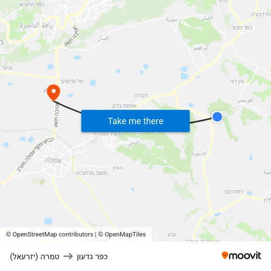 טמרה (יזרעאל) to כפר גדעון map