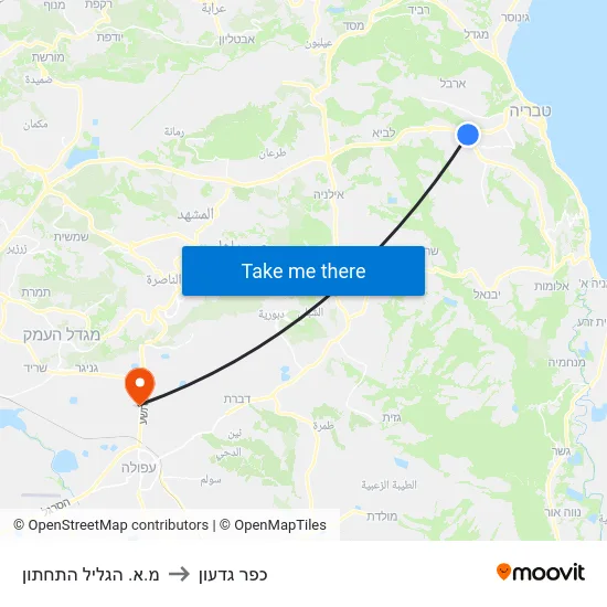 מ.א. הגליל התחתון to כפר גדעון map