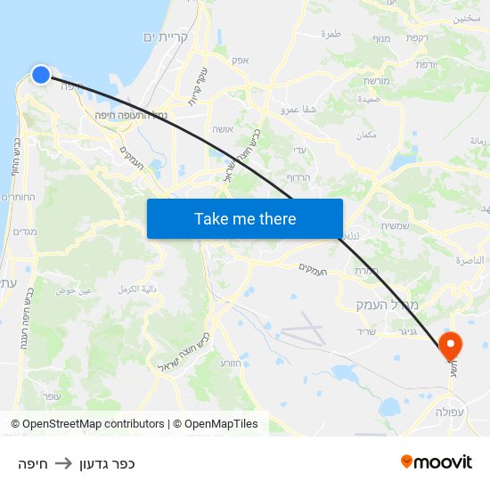 חיפה to כפר גדעון map