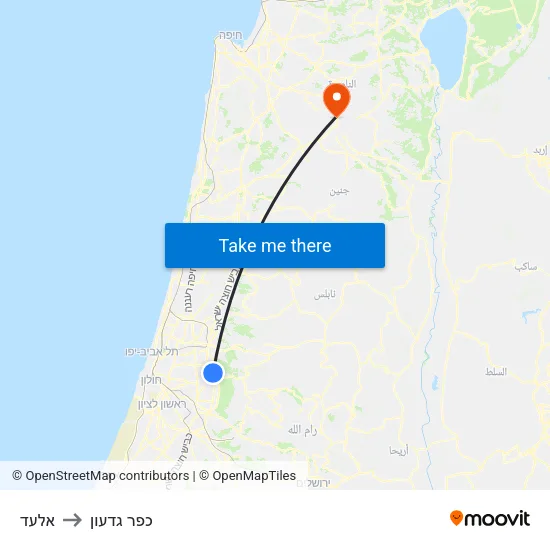 אלעד to כפר גדעון map