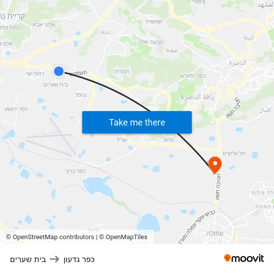 בית שערים to כפר גדעון map