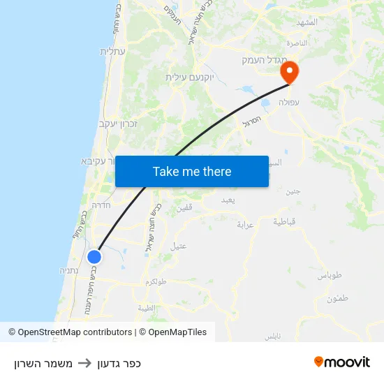 משמר השרון to כפר גדעון map
