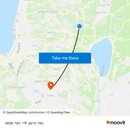 כפר שמאי to כפר גדעון map