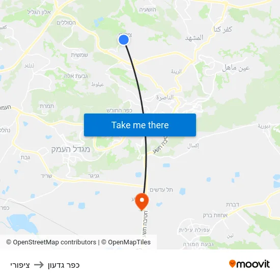 ציפורי to כפר גדעון map