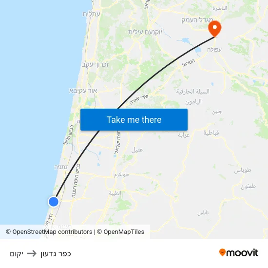יקום to כפר גדעון map