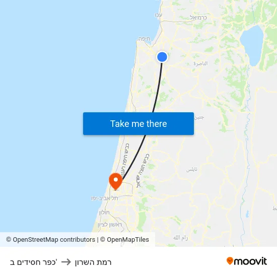 כפר חסידים ב' to רמת השרון map
