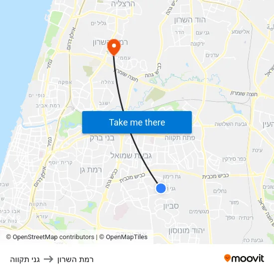 גני תקווה to רמת השרון map