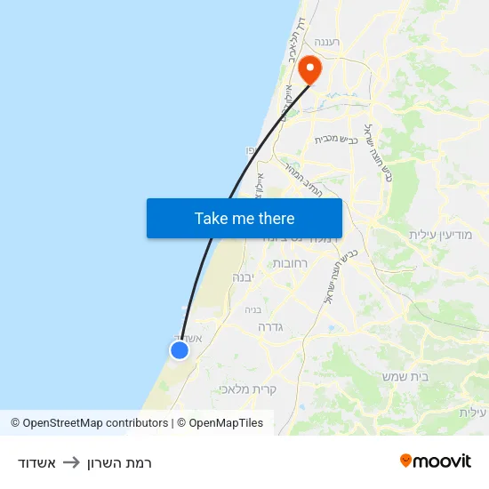 אשדוד to רמת השרון map