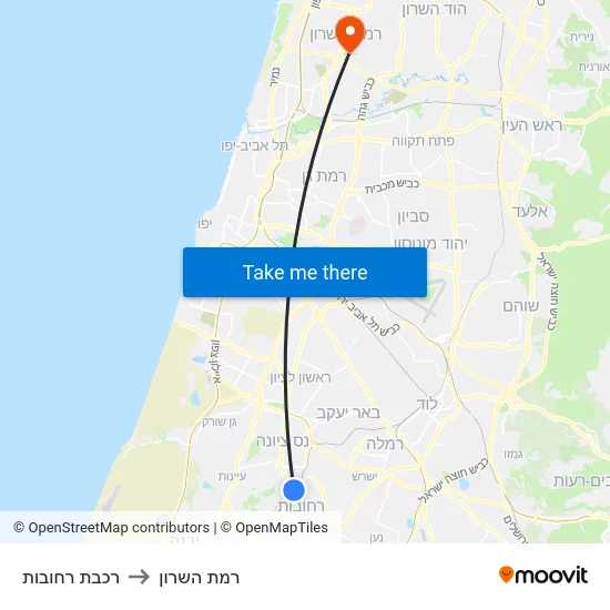 רכבת רחובות to רמת השרון map