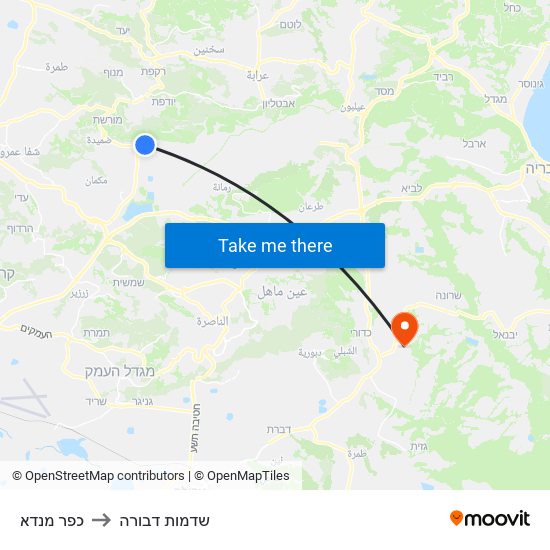 כפר מנדא to שדמות דבורה map