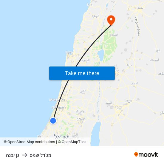 גן יבנה to מג'דל שמס map