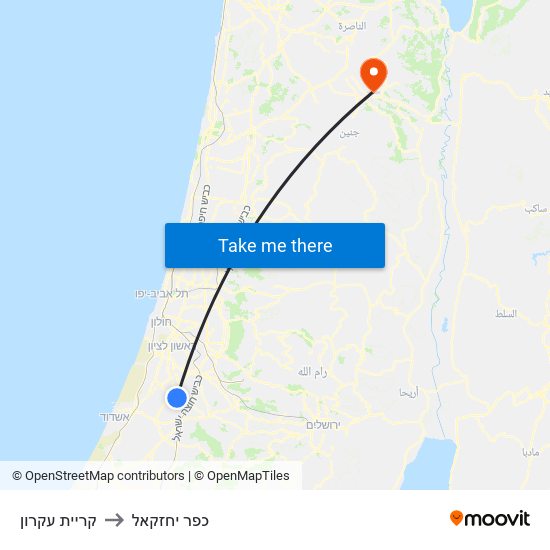 קריית עקרון to כפר יחזקאל map