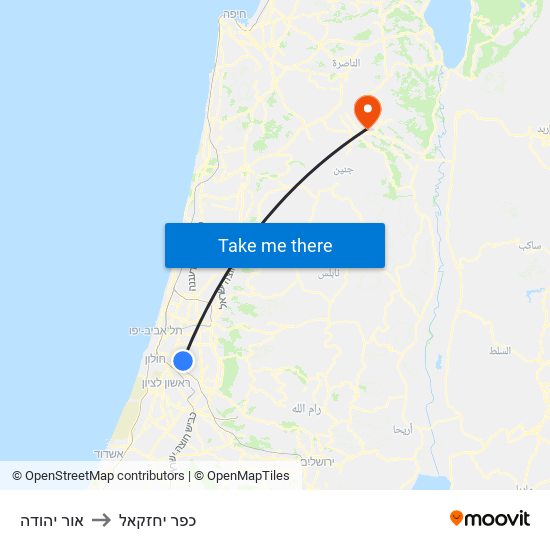 אור יהודה to כפר יחזקאל map