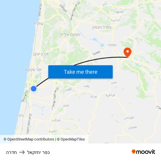 חדרה to כפר יחזקאל map