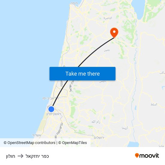 חולון to כפר יחזקאל map