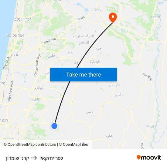 קרני שומרון to כפר יחזקאל map