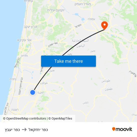 כפר יעבץ to כפר יחזקאל map