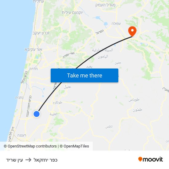 עין שריד to כפר יחזקאל map