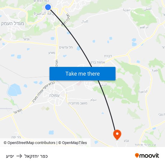 יפיע to כפר יחזקאל map