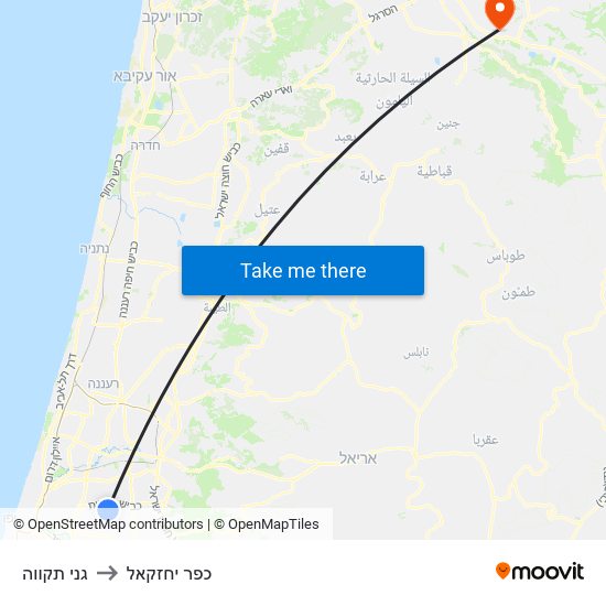 גני תקווה to כפר יחזקאל map