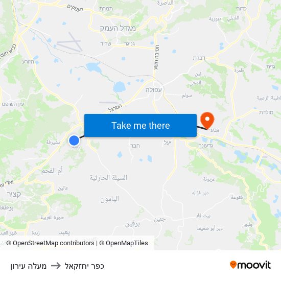מעלה עירון to כפר יחזקאל map