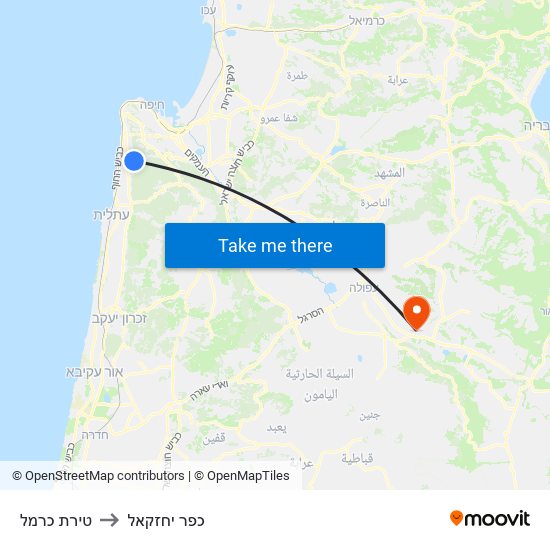 טירת כרמל to כפר יחזקאל map