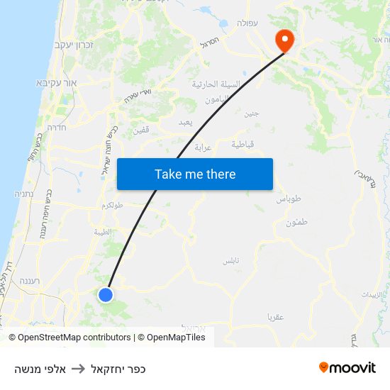 אלפי מנשה to כפר יחזקאל map