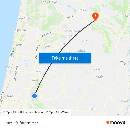 צופין to כפר יחזקאל map