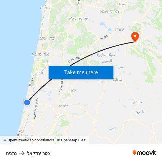 נתניה to כפר יחזקאל map