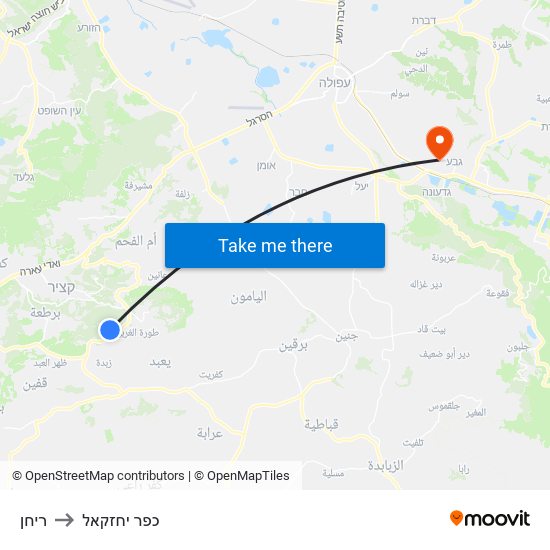 ריחן to כפר יחזקאל map