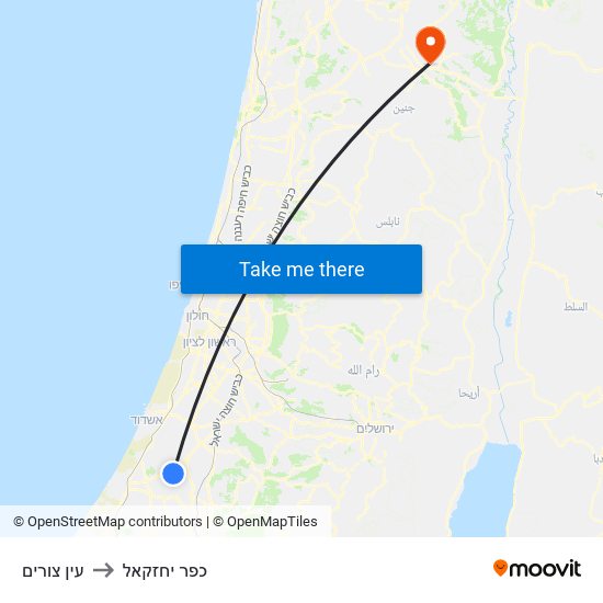 עין צורים to כפר יחזקאל map