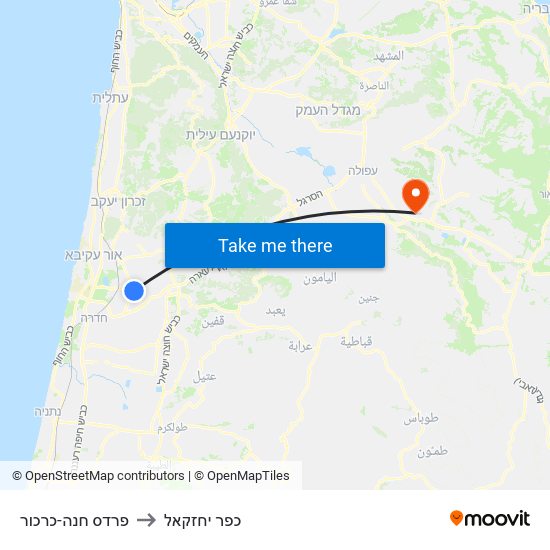 פרדס חנה-כרכור to כפר יחזקאל map