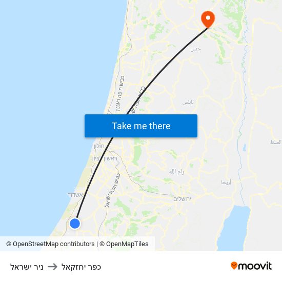 ניר ישראל to כפר יחזקאל map