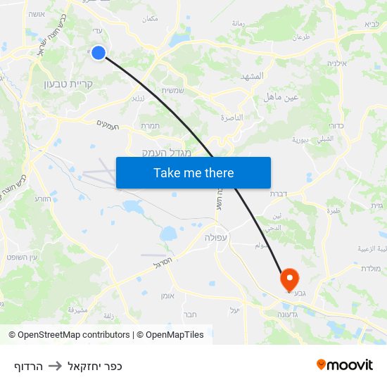 הרדוף to כפר יחזקאל map