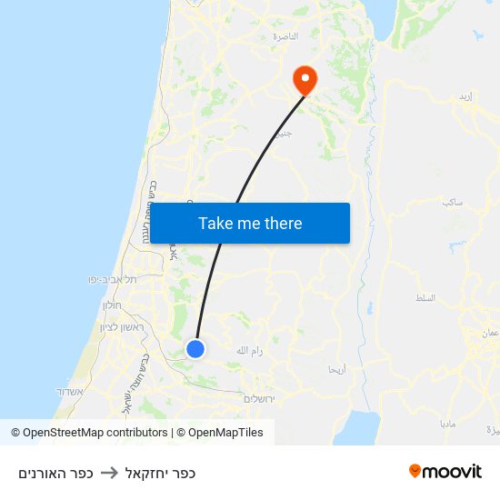 כפר האורנים to כפר יחזקאל map