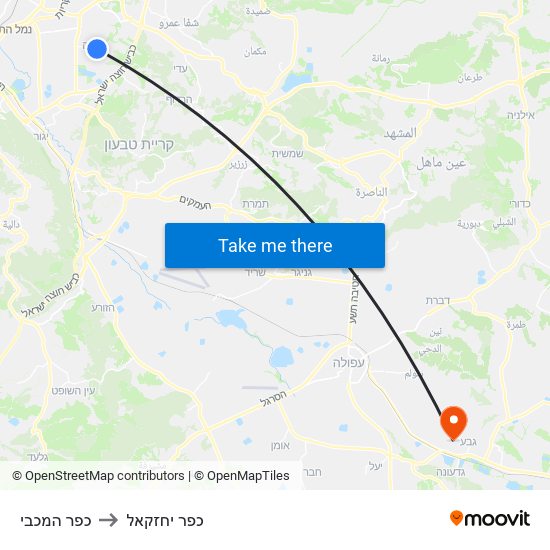 כפר המכבי to כפר יחזקאל map