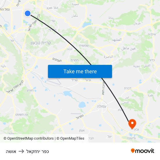 אושה to כפר יחזקאל map