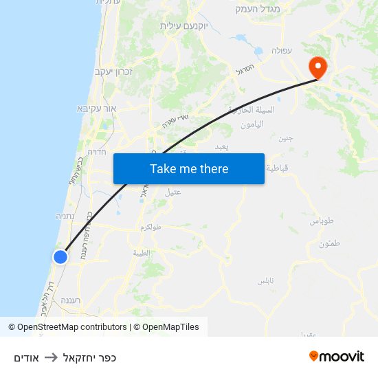 אודים to כפר יחזקאל map